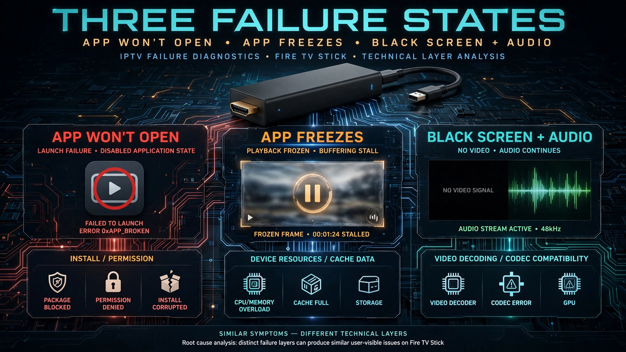 Firestick IPTV black screen freezing and app launch failure diagnostic symptom map