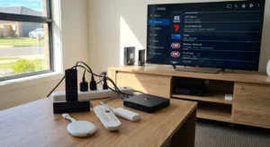 cheap iptv streaming devices Australia, including fire tv stick 4k max chromecast with google tv and android tv box on a living room tv setup