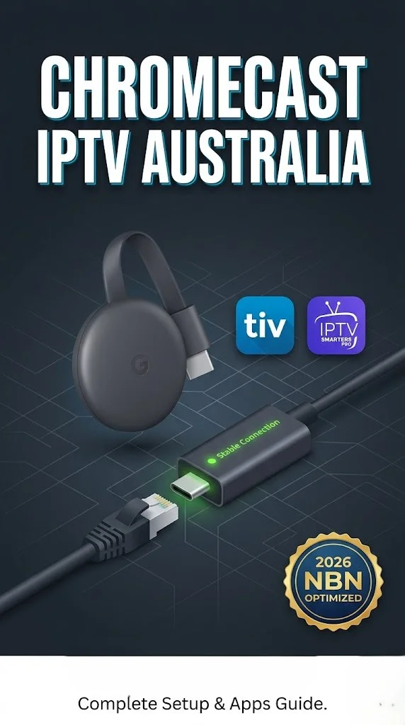 The image showcases a high-tech vertical graphic designed specifically for CHROMECAST IPTV AUSTRALIA 2026. The image features a bold technical layout comparing the Google TV 4K dongle with a USB-C Ethernet adapter, the TiviMate and IPTV Smarters logos, and a 2026 compatibility seal for NBN users.