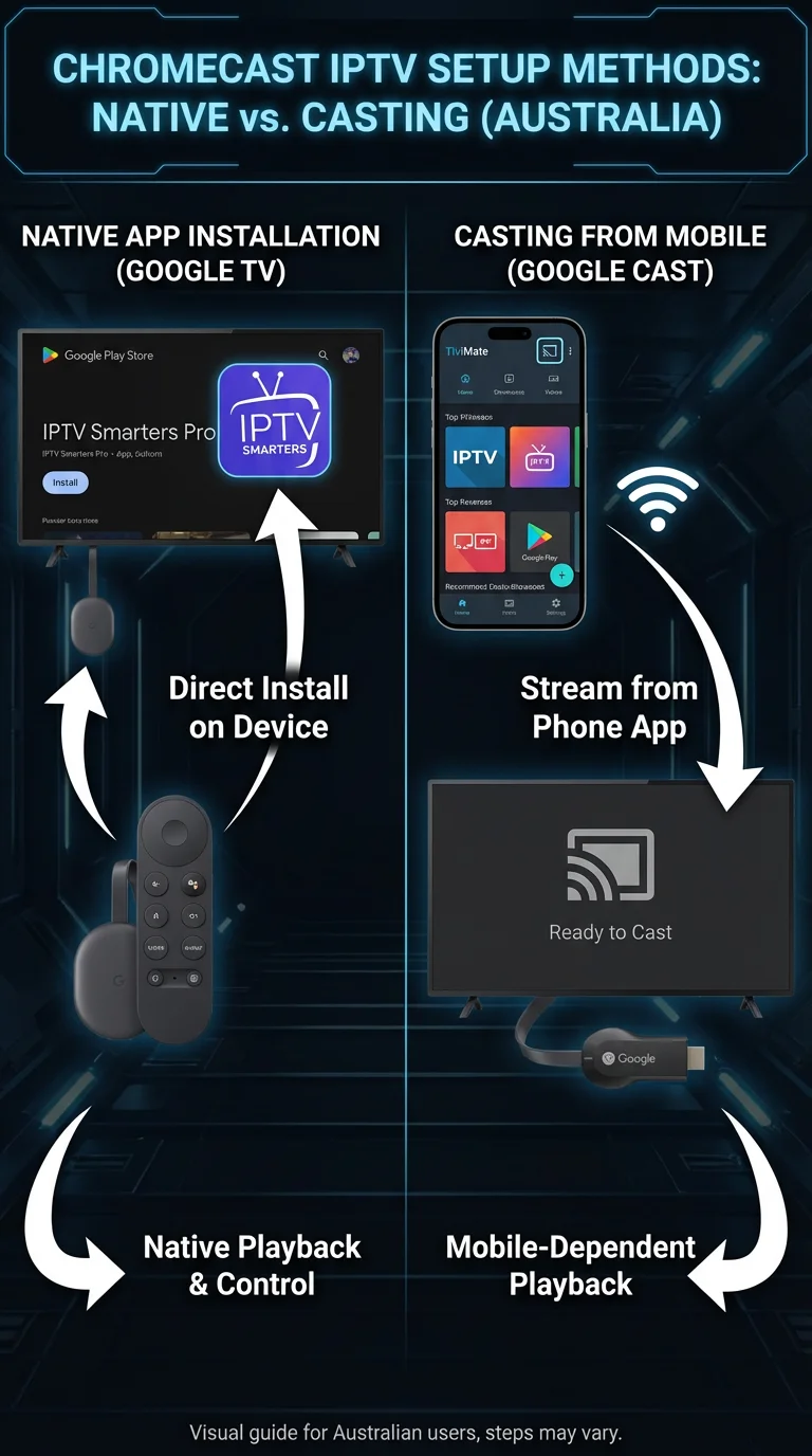 Chromecast IPTV setup network flow diagram showing IPTV provider router phone and Chromecast connection path