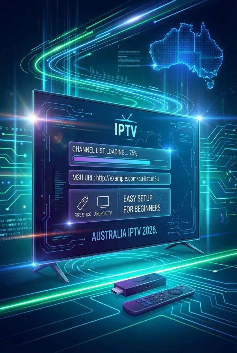 How to Use IPTV M3U Playlist setup in Australia showing cinematic smart TV IPTV app interface with streaming channels in neon tech style