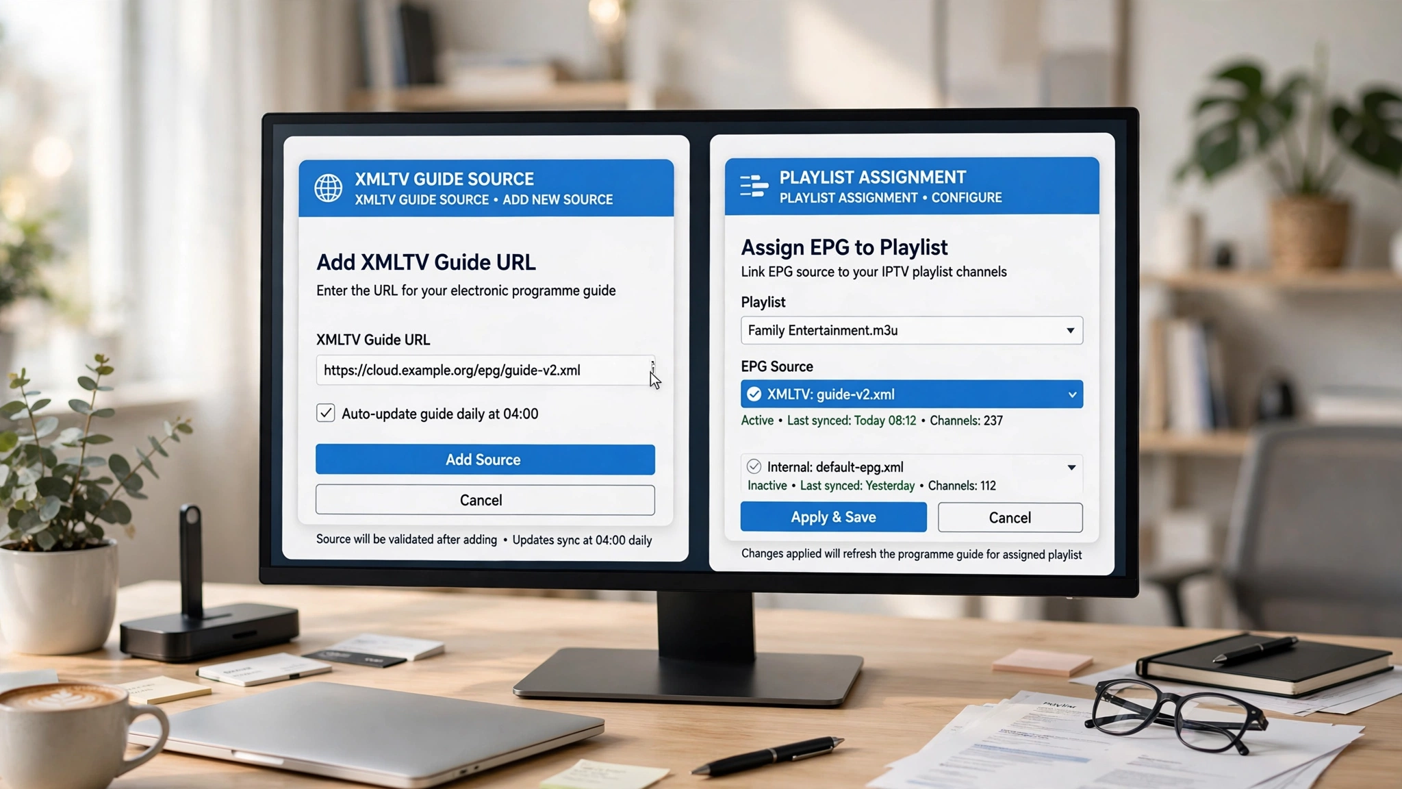 Linking an XMLTV EPG source to an IPTV playlist during setup