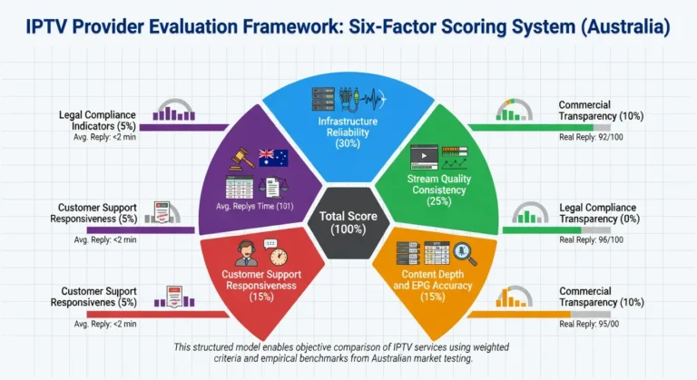 Evaluate IPTV provider — six-factor scoring framework used to assess IPTV services in Australia