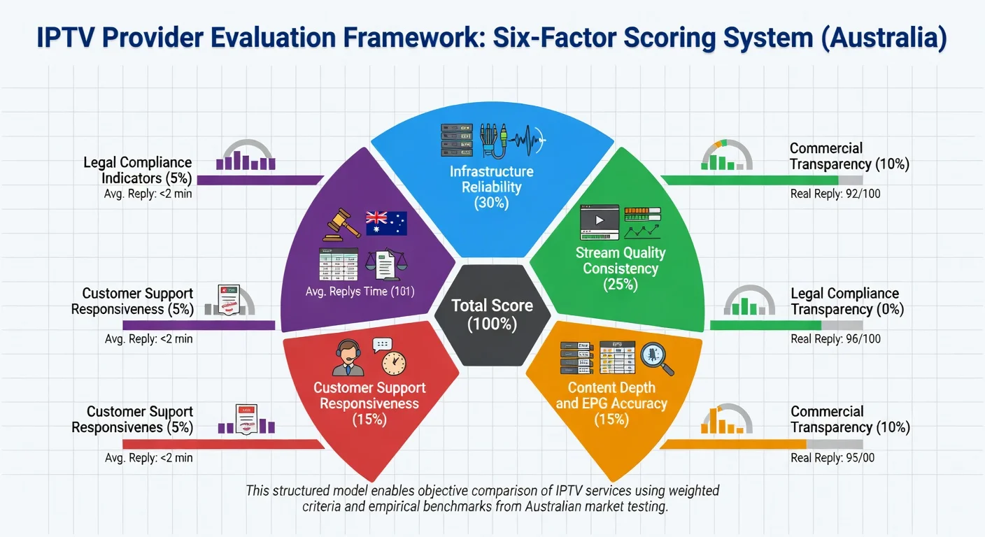 Evaluate IPTV provider — six-factor scoring framework used to assess IPTV services in Australia