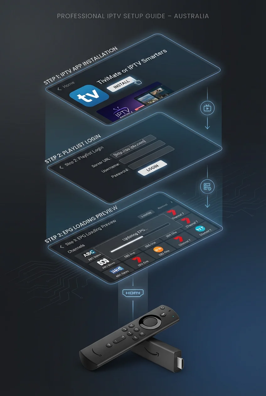 Fire TV Stick IPTV setup showing IPTV app installation interface, playlist configuration, and EPG loading on a Fire TV device in Australia