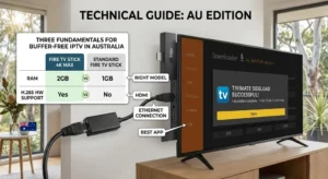 Fire TV Stick IPTV troubleshooting in Australia showing TiviMate setup sideload fix and buffering solutions on Fire TV Stick 4K and 4K Max for Australian NBN connections in 2026.