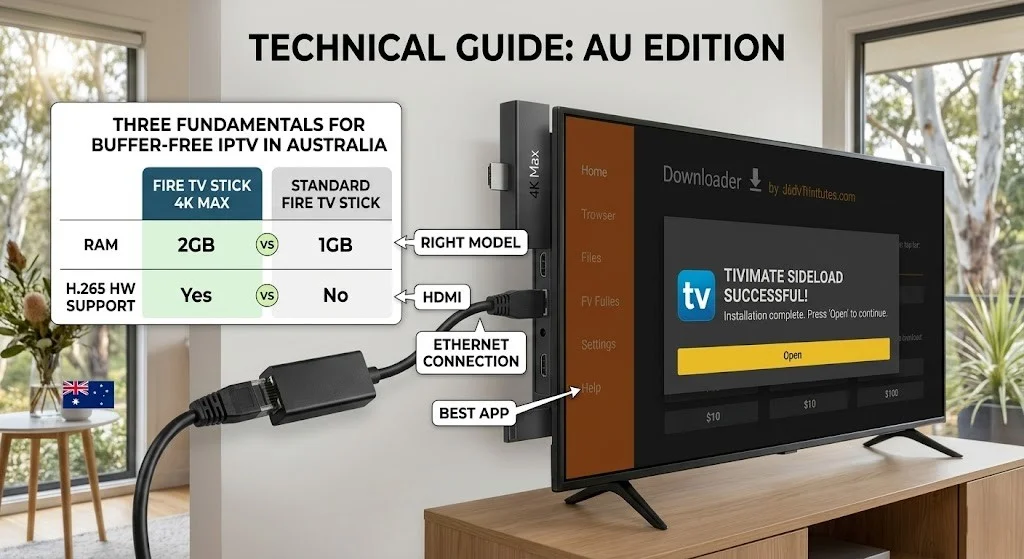 Fire TV Stick IPTV troubleshooting in Australia showing TiviMate setup sideload fix and buffering solutions on Fire TV Stick 4K and 4K Max for Australian NBN connections in 2026.