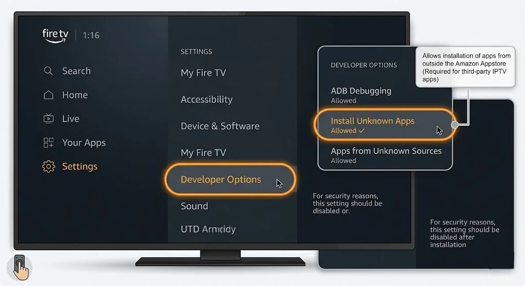 Fire TV Stick developer options showing install unknown apps setting for IPTV app installation