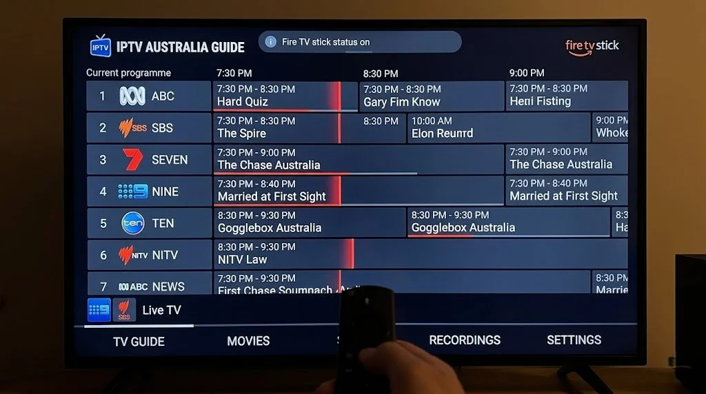 Fire TV Stick IPTV channel list and electronic program guide showing live channels and schedules