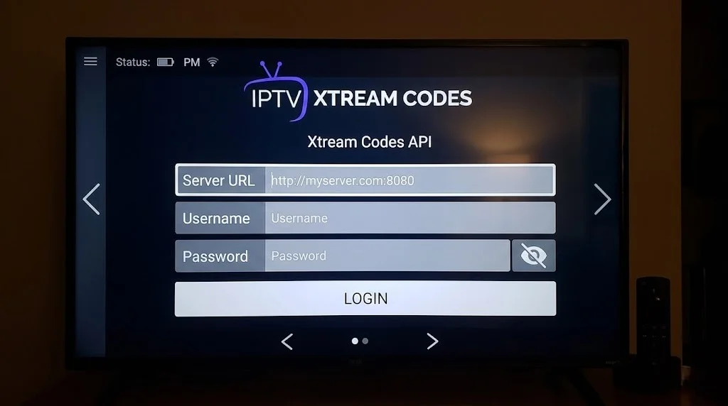 IPTV Xtream Codes login screen on Fire TV Stick showing server URL, username and password fields