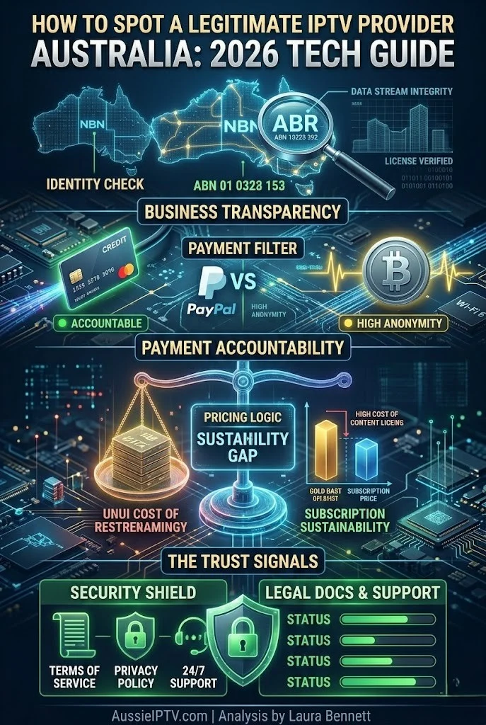 A detailed vertical infographic showing the 4-point verification check for IPTV provider legitimacy in Australia: Business transparency, payment methods, pricing logic, and legal documentation.