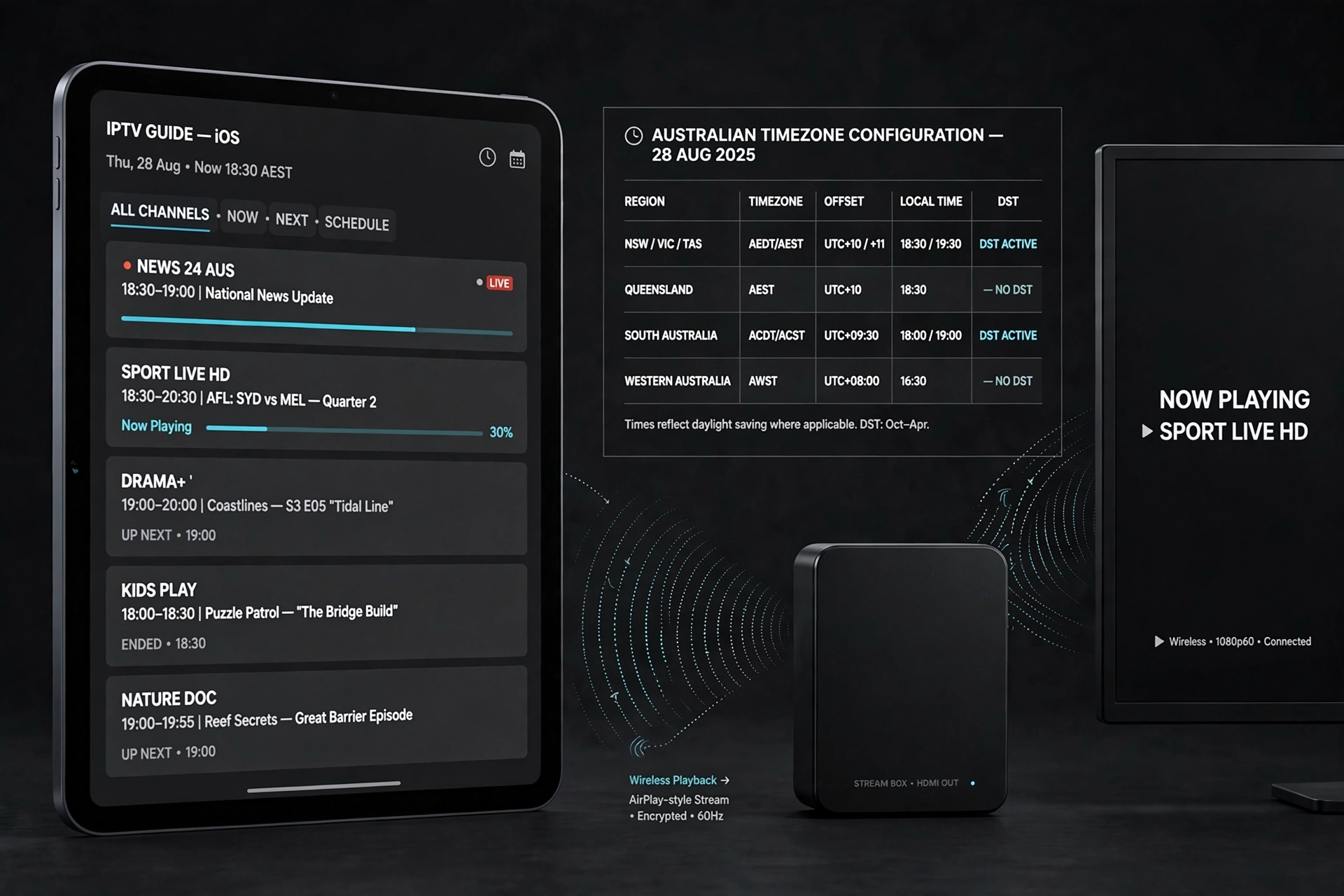 iOS IPTV EPG guide and AirPlay setup with Australian time zone settings