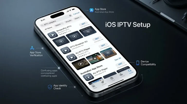 iOS IPTV setup on an iPhone showing IPTV player apps in the Australian App Store