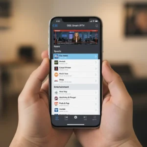 iOS IPTV setup showing GSE Smart IPTV channel list interface on an iPhone