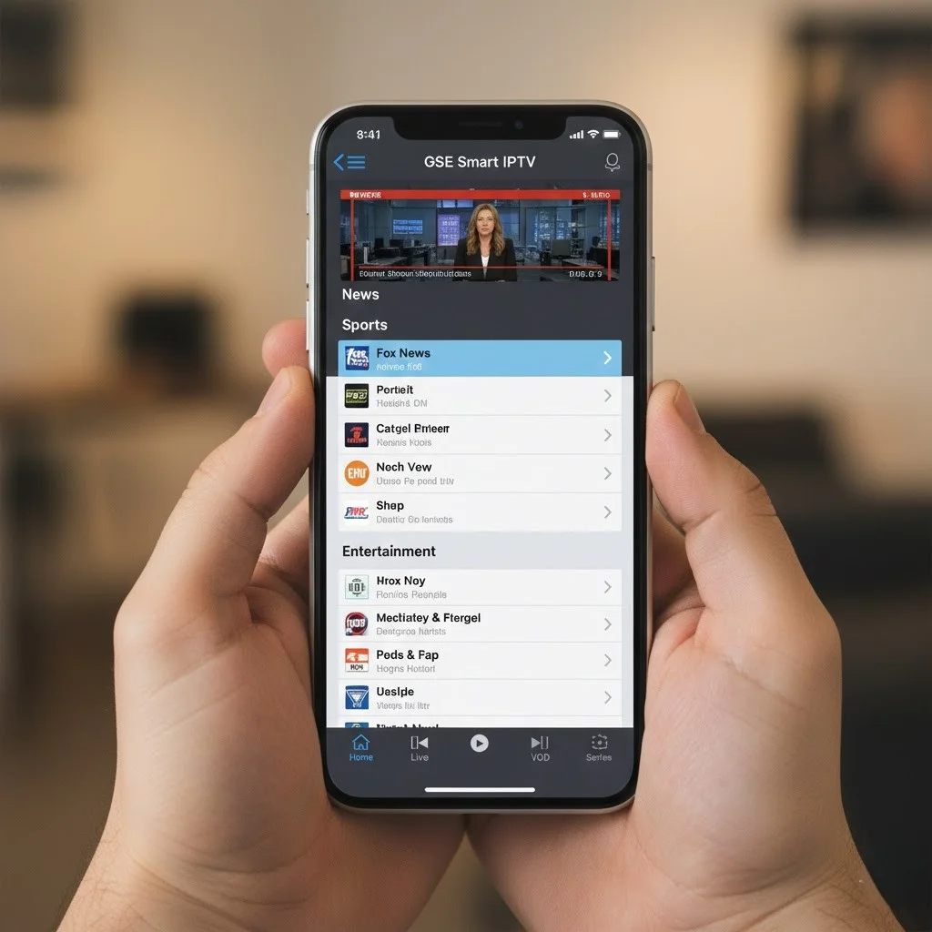iOS IPTV setup showing GSE Smart IPTV channel list interface on an iPhone