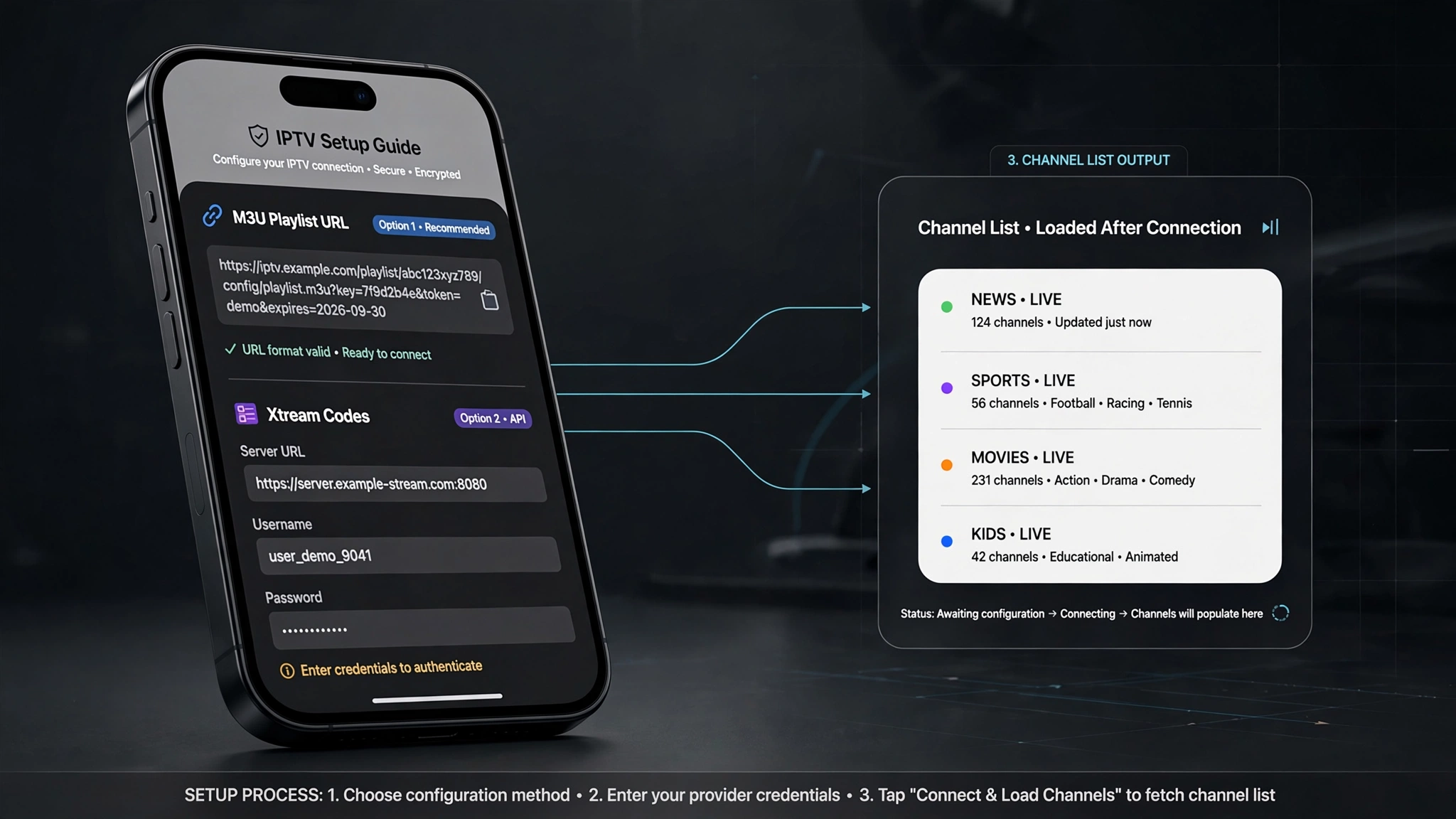 iOS IPTV setup using M3U playlist and Xtream Codes credentials on iPhone