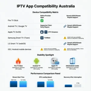 IPTV app compatibility Australia device support matrix showing provider app availability across Fire TV Stick, Android TV, Apple TV, Smart TVs, and mobile devices