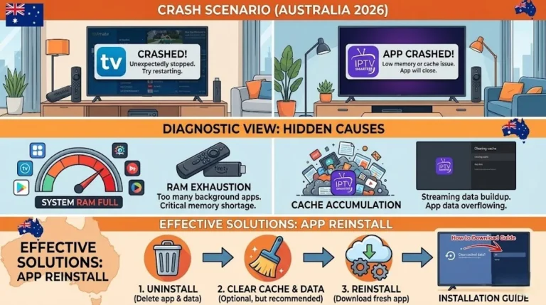 IPTV app crashes: fix Australia showing TiviMate and IPTV Smarters force closing on Fire TV Stick and Android TV with memory cache and reinstall solutions