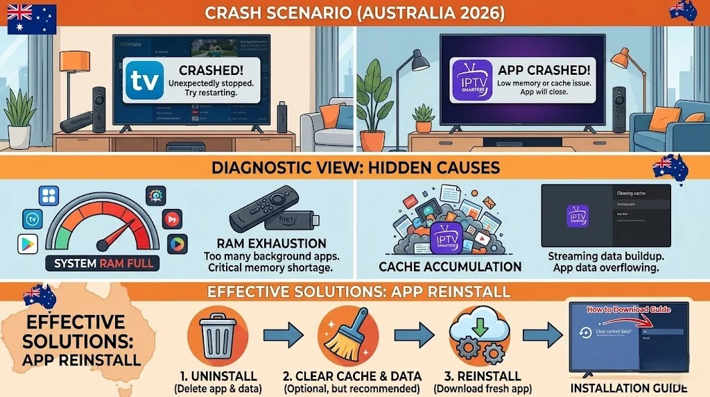 IPTV app crashes: fix Australia showing TiviMate and IPTV Smarters force closing on Fire TV Stick and Android TV with memory cache and reinstall solutions