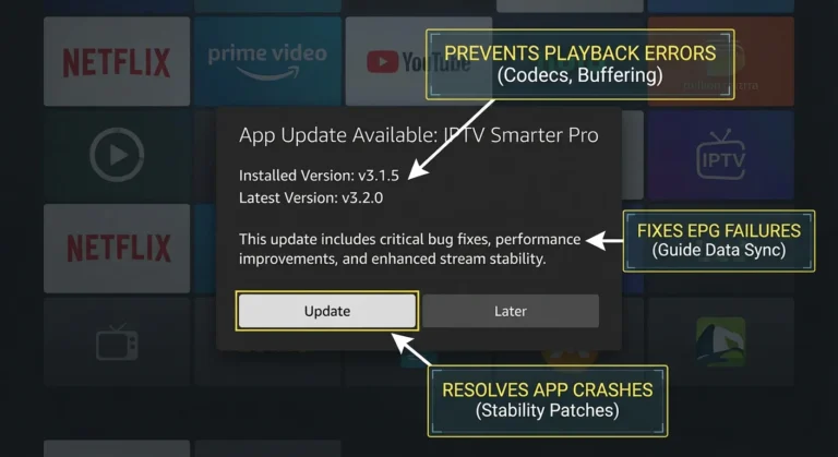 IPTV app maintenance showing update screen on Amazon Fire TV Stick 4K device interface