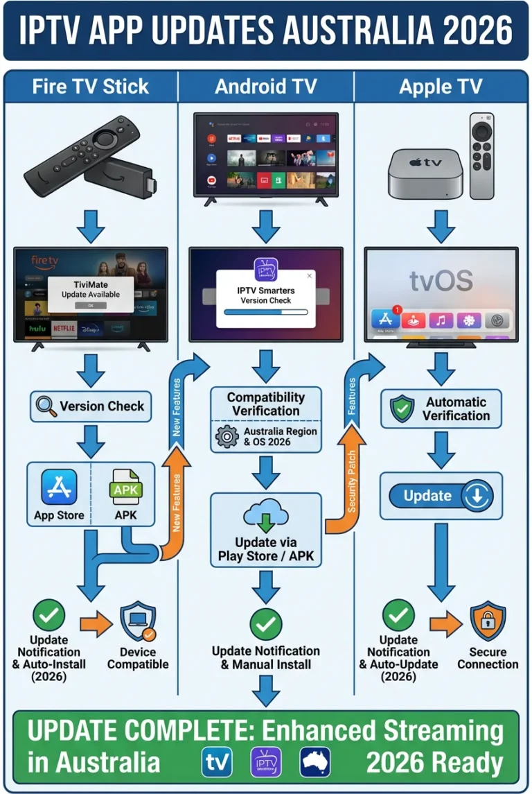 IPTV app updates Australia 2026 showing TiviMate and IPTV Smarters update process on Fire TV Stick and Android TV