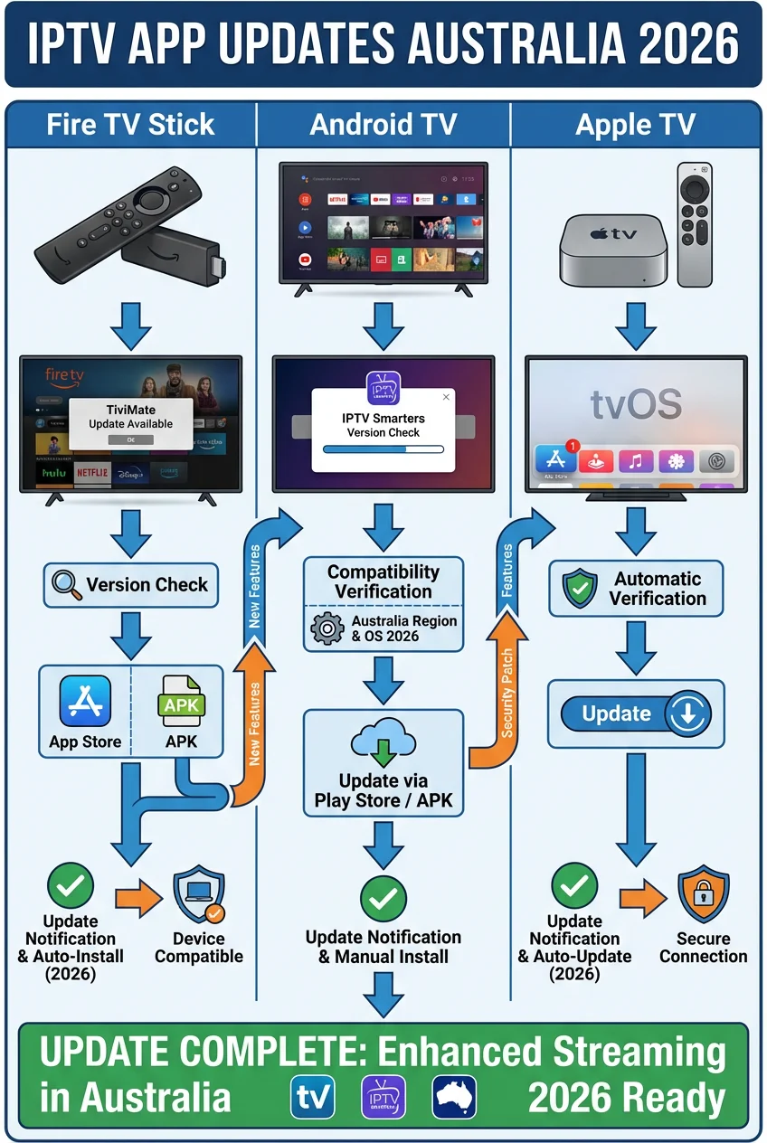 IPTV app updates Australia 2026 showing TiviMate and IPTV Smarters update process on Fire TV Stick and Android TV