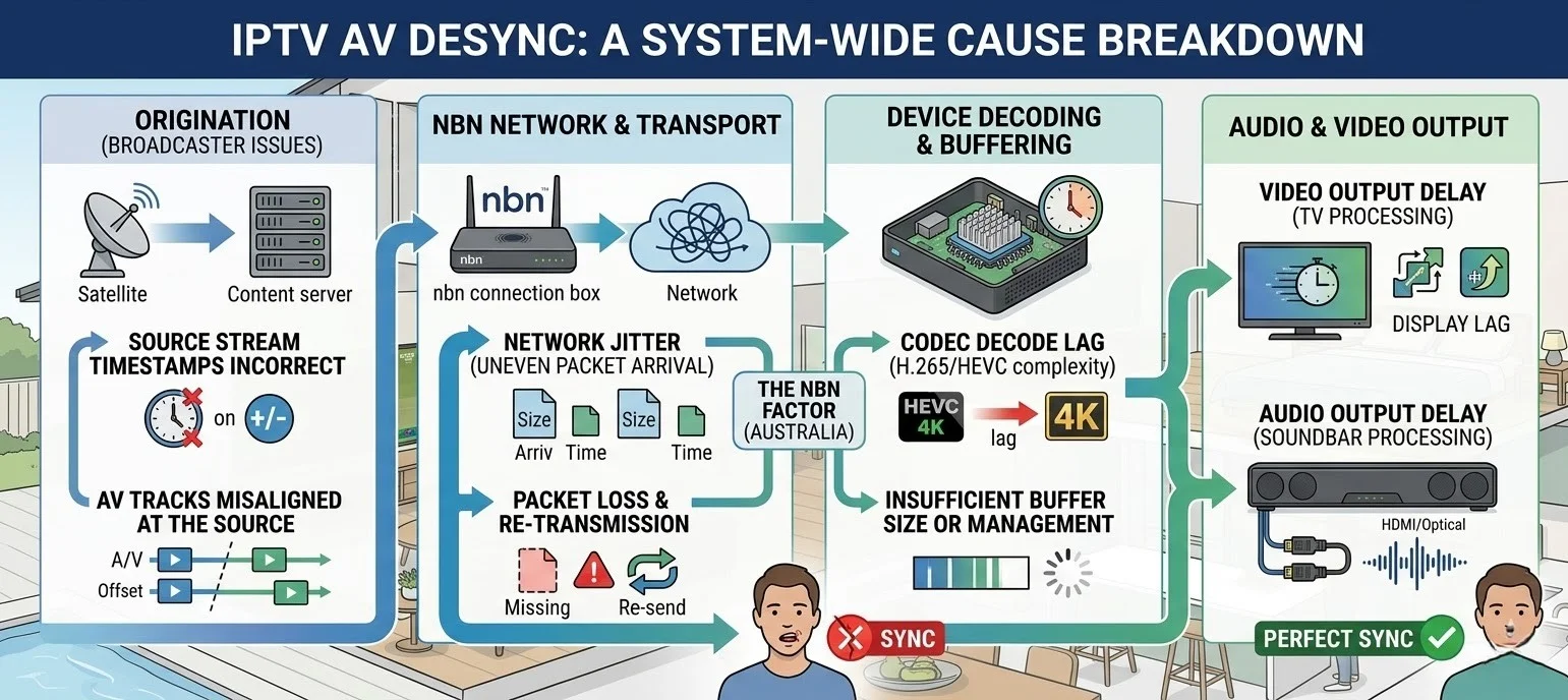 IPTV AV sync fix Australia diagram showing three desync causes: H.265 software decode lag, network packet loss differential, and HDMI ARC audio processing delay with a fixed path for each