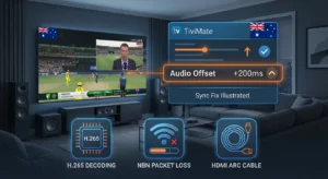 IPTV AV sync fix Australia showing audio video desync error on TiviMate and IPTV Smarters with player audio offset settings and external player fix steps.