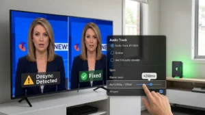 IPTV AV sync fix Australia, showing audio video desync error on TiviMate and IPTV Smarters with player audio offset settings and external player fix steps for Australian users in 2026.