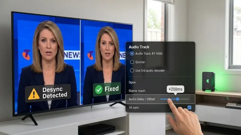 IPTV AV sync fix Australia, showing audio video desync error on TiviMate and IPTV Smarters with player audio offset settings and external player fix steps for Australian users in 2026.