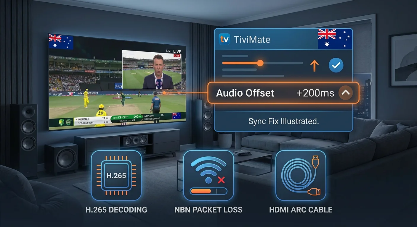 IPTV AV sync fix Australia showing audio video desync error on TiviMate and IPTV Smarters with player audio offset settings and external player fix steps.