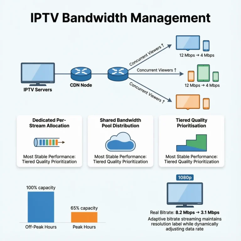 IPTV bandwidth management Australia network diagram showing dedicated per-stream allocation vs shared bandwidth pool during peak streaming hours