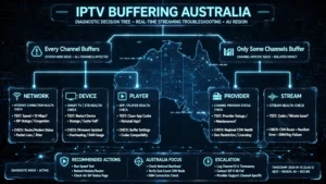 IPTV Buffering Australia diagnostic flow showing whether buffering affects every channel or only some channels
