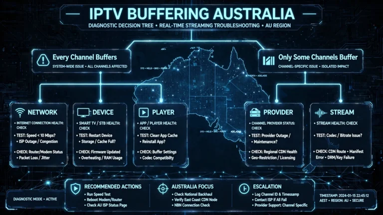 IPTV Buffering Australia diagnostic flow showing whether buffering affects every channel or only some channels