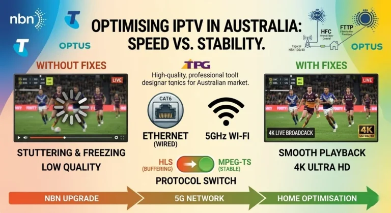IPTV buffering Australia diagnostic guide showing NBN congestion, Wi-Fi interference, and stream type fixes for Telstra, Optus, and fixed wireless connections in 2026.