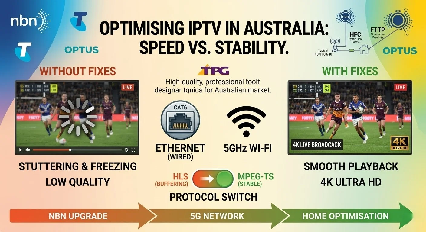 IPTV buffering Australia diagnostic guide showing NBN congestion, Wi-Fi interference, and stream type fixes for Telstra, Optus, and fixed wireless connections in 2026.