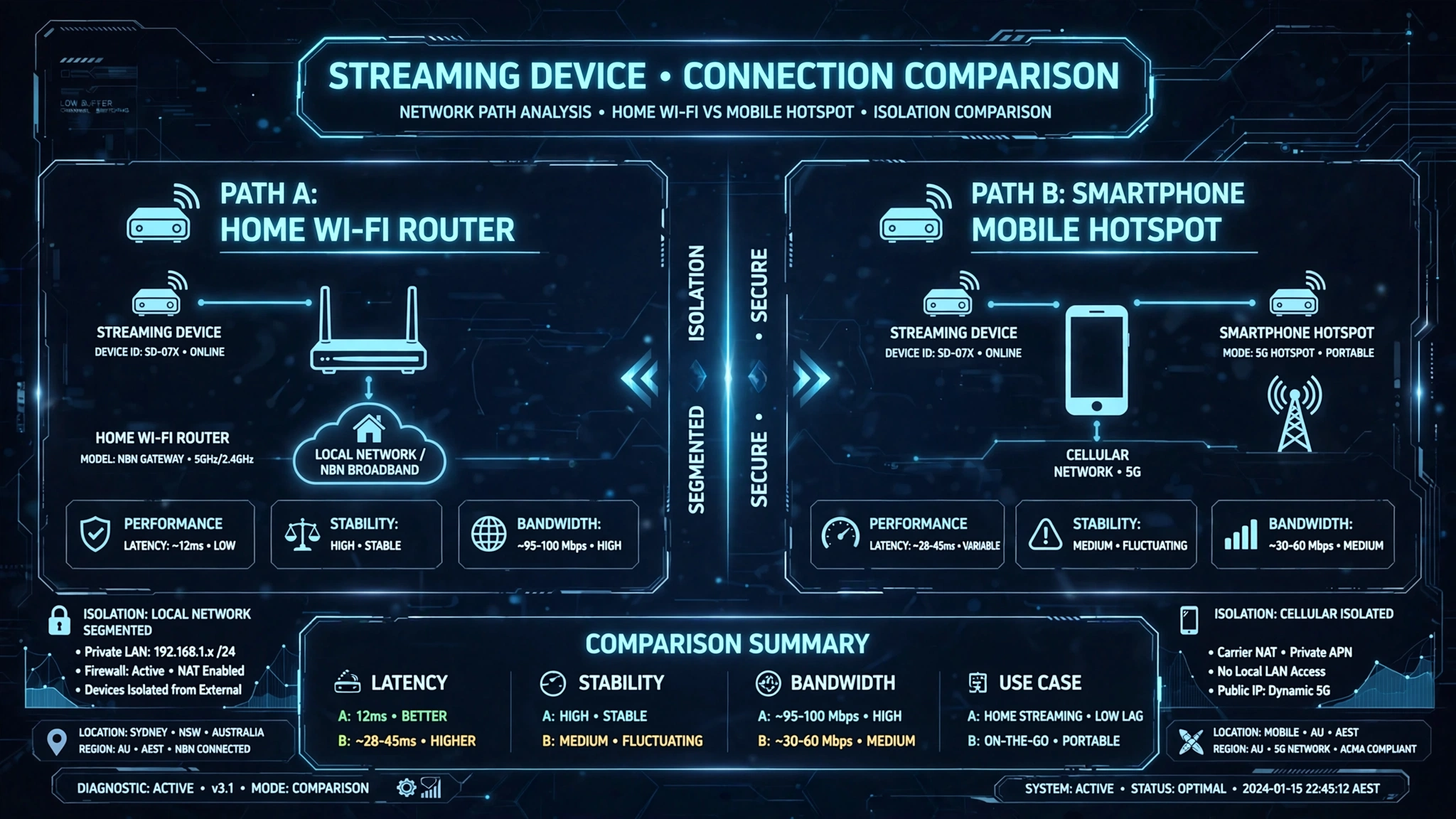 IPTV Buffering Australia hotspot isolation test comparing home Wi-Fi with a mobile hotspot