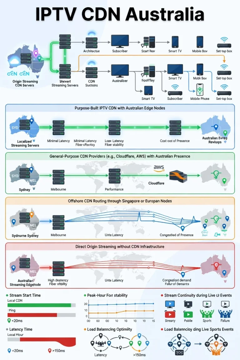 IPTV CDN Australia network architecture diagram showing stream routing from origin servers through CDN edge nodes to Australian subscribers