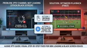 IPTV channel not loading Australia showing a TV screen stuck on a loading spinner and a black screen error, with clear steps for playlist refresh and switching to MX Player on a TiviMate interface for 2026 users.