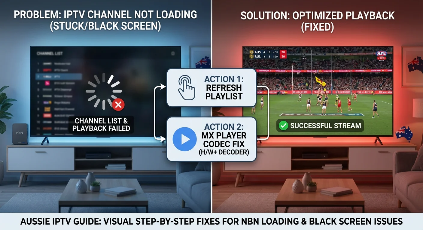 IPTV channel not loading Australia showing a TV screen stuck on a loading spinner and a black screen error, with clear steps for playlist refresh and switching to MX Player on a TiviMate interface for 2026 users.