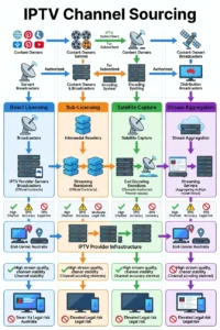 IPTV channel sourcing models diagram showing four ways IPTV providers acquire channels including licensing, sublicensing, satellite capture and stream aggregation