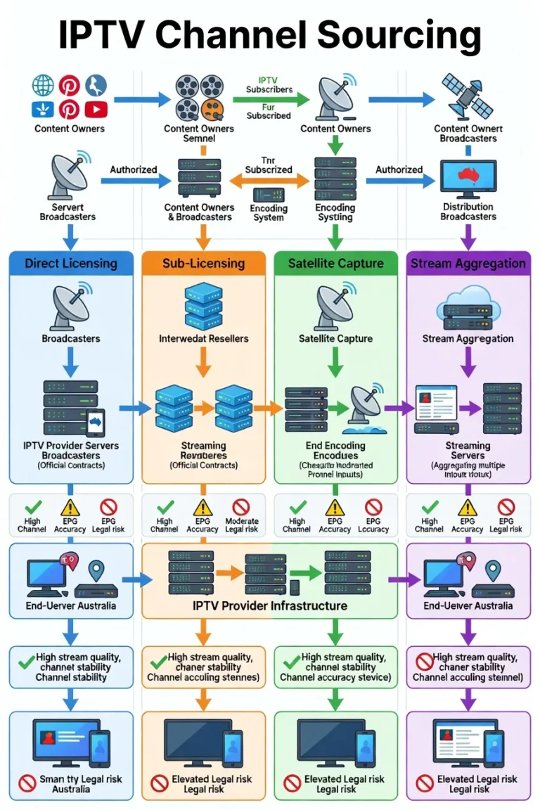 IPTV channel sourcing models diagram showing four ways IPTV providers acquire channels including licensing, sublicensing, satellite capture and stream aggregation