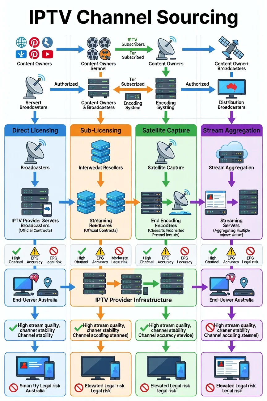 IPTV channel sourcing models diagram showing four ways IPTV providers acquire channels including licensing, sublicensing, satellite capture and stream aggregation