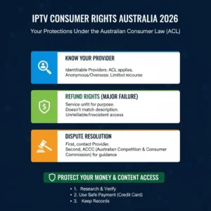 IPTV consumer rights in Australia showing protections under ACL and ACCC for subscribers, including refund rights, dispute resolution, and provider transparency