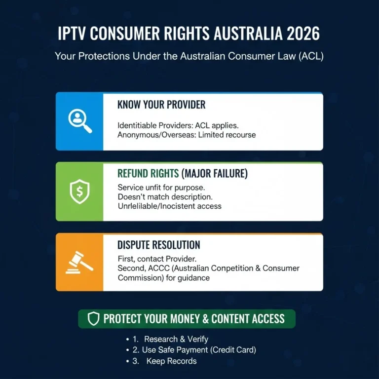 IPTV consumer rights in Australia showing protections under ACL and ACCC for subscribers, including refund rights, dispute resolution, and provider transparency