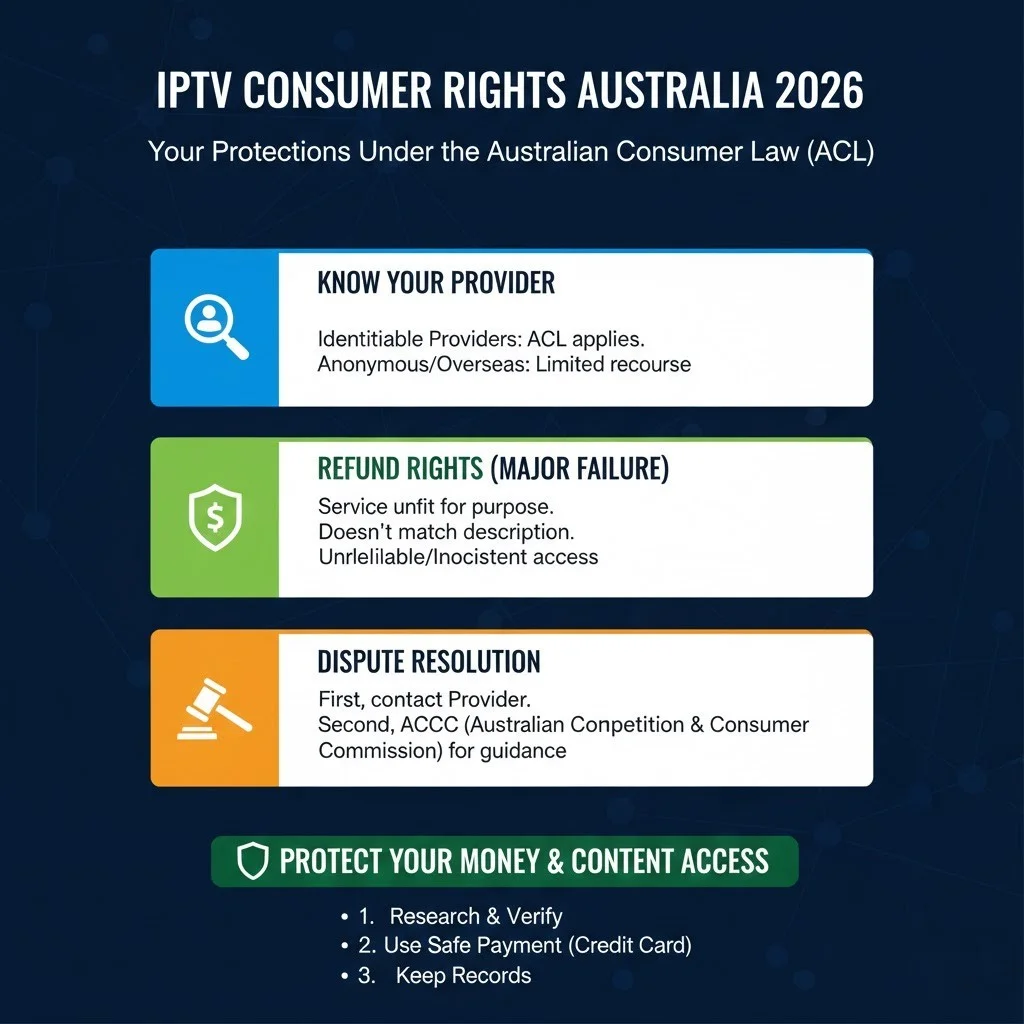 IPTV consumer rights in Australia showing protections under ACL and ACCC for subscribers, including refund rights, dispute resolution, and provider transparency