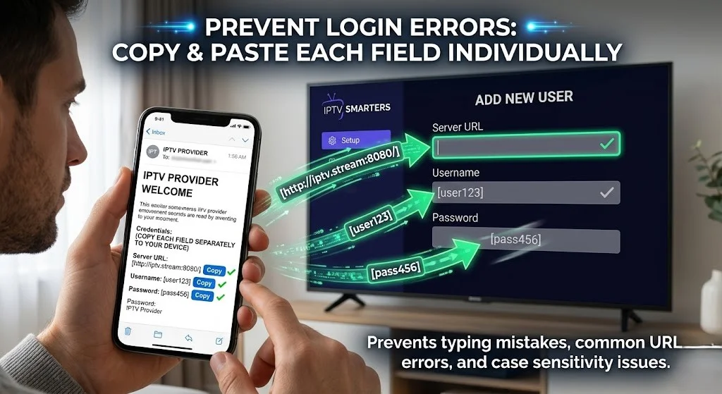 Copy and paste IPTV credentials to fix login failed error on IPTV Smarters and TiviMate