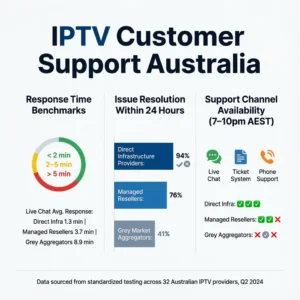 IPTV customer support Australia response time benchmark chart comparing IPTV provider support tiers and resolution rates