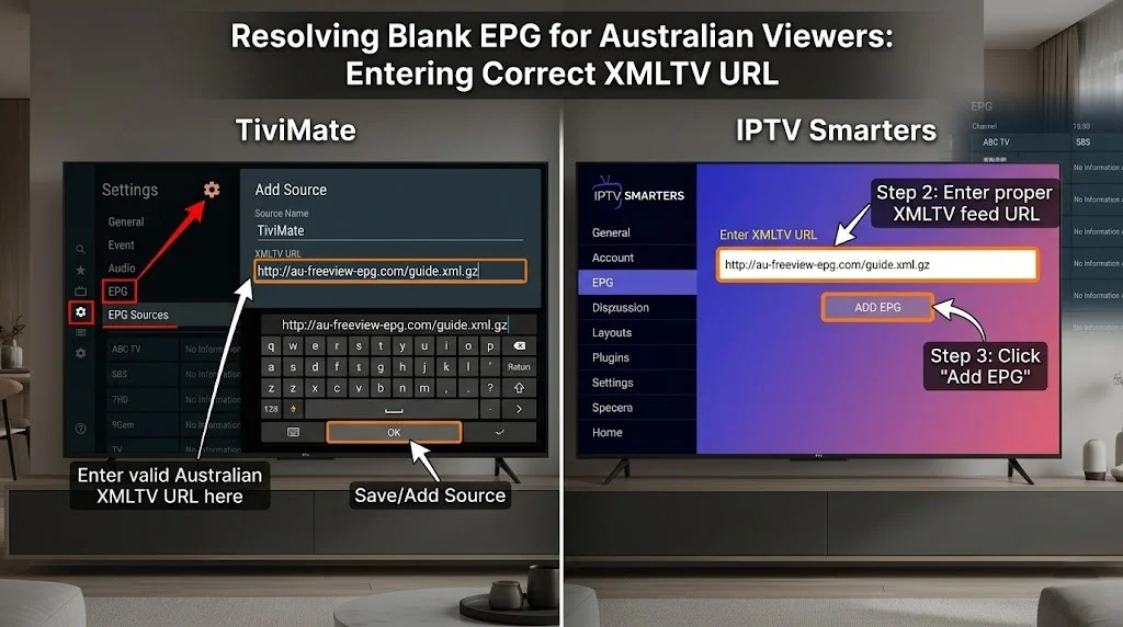 Setting XMLTV URL in TiviMate and IPTV Smarters to fix missing EPG data on Australian IPTV