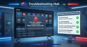 The IPTV error codes Australia guide showing common error messages like 403 Forbidden, 404 Not Found, and Xtream Codes Auth 0 with step-by-step fix instructions on a TV screen for Australian users in 2026.
